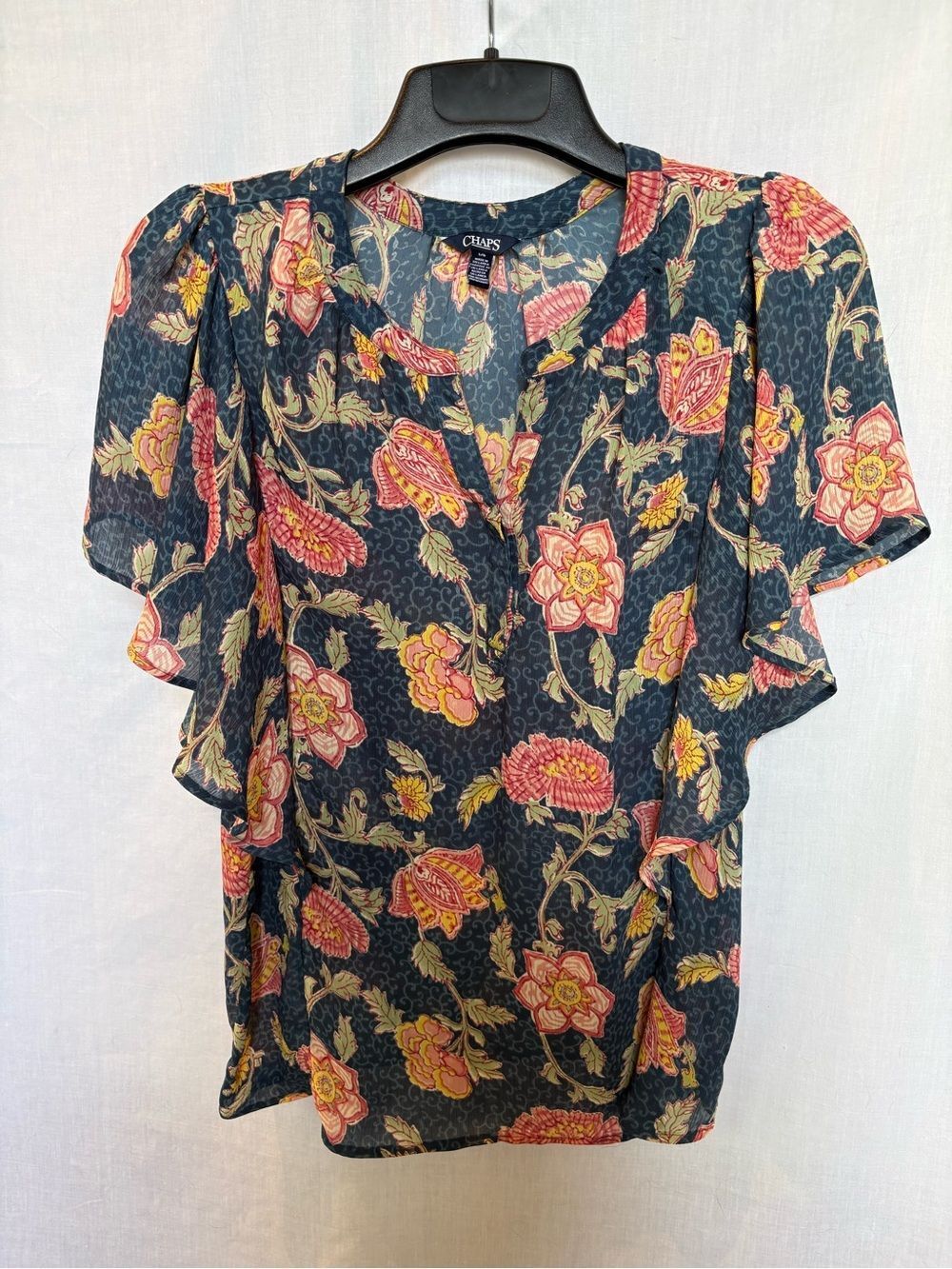 Chaps Floral Flutter-Sleeve Blouse - Navy with Pink & Yellow Flowers Size Large
